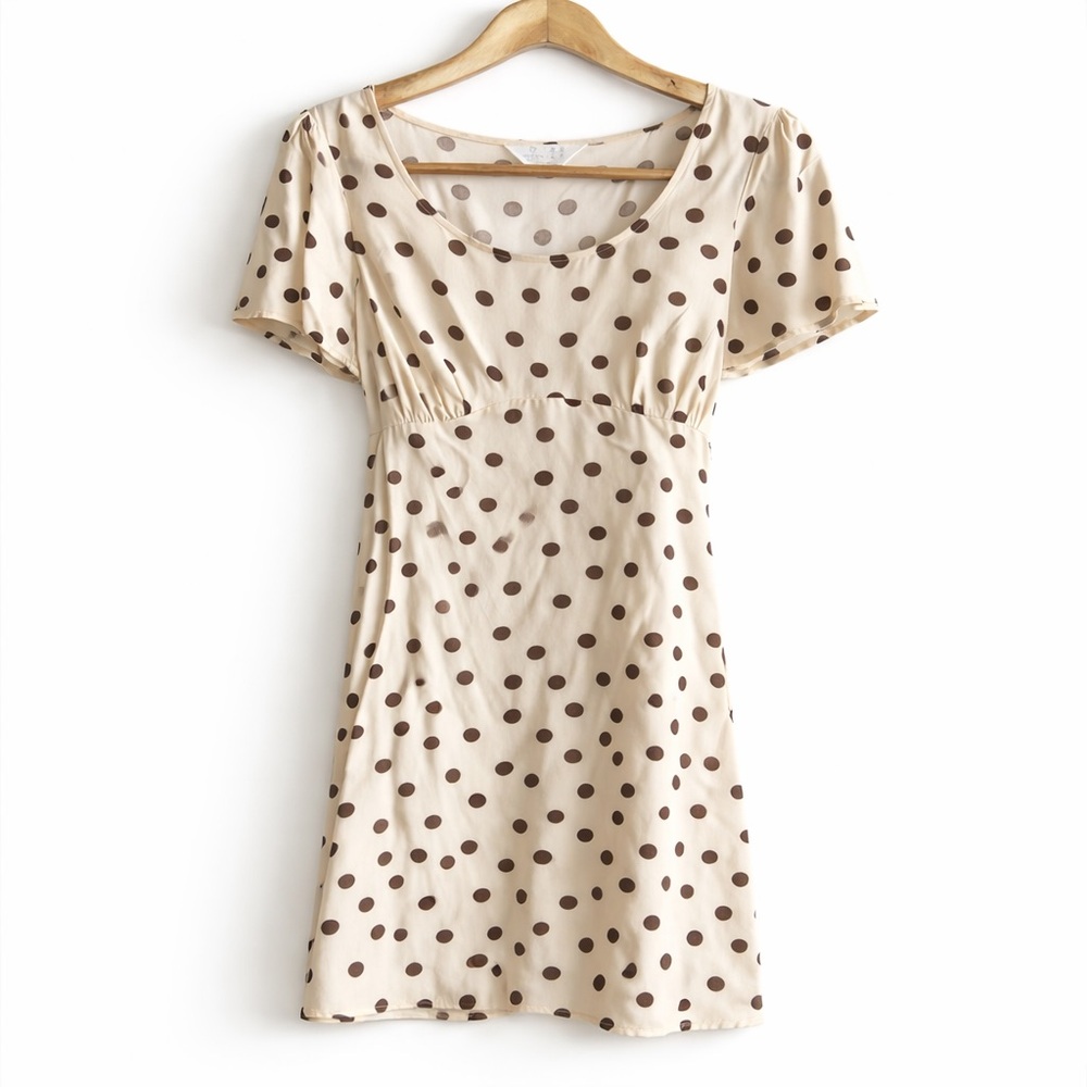 Polka Dot Mini Dress Cream Brown Tie Back Empire Waist S